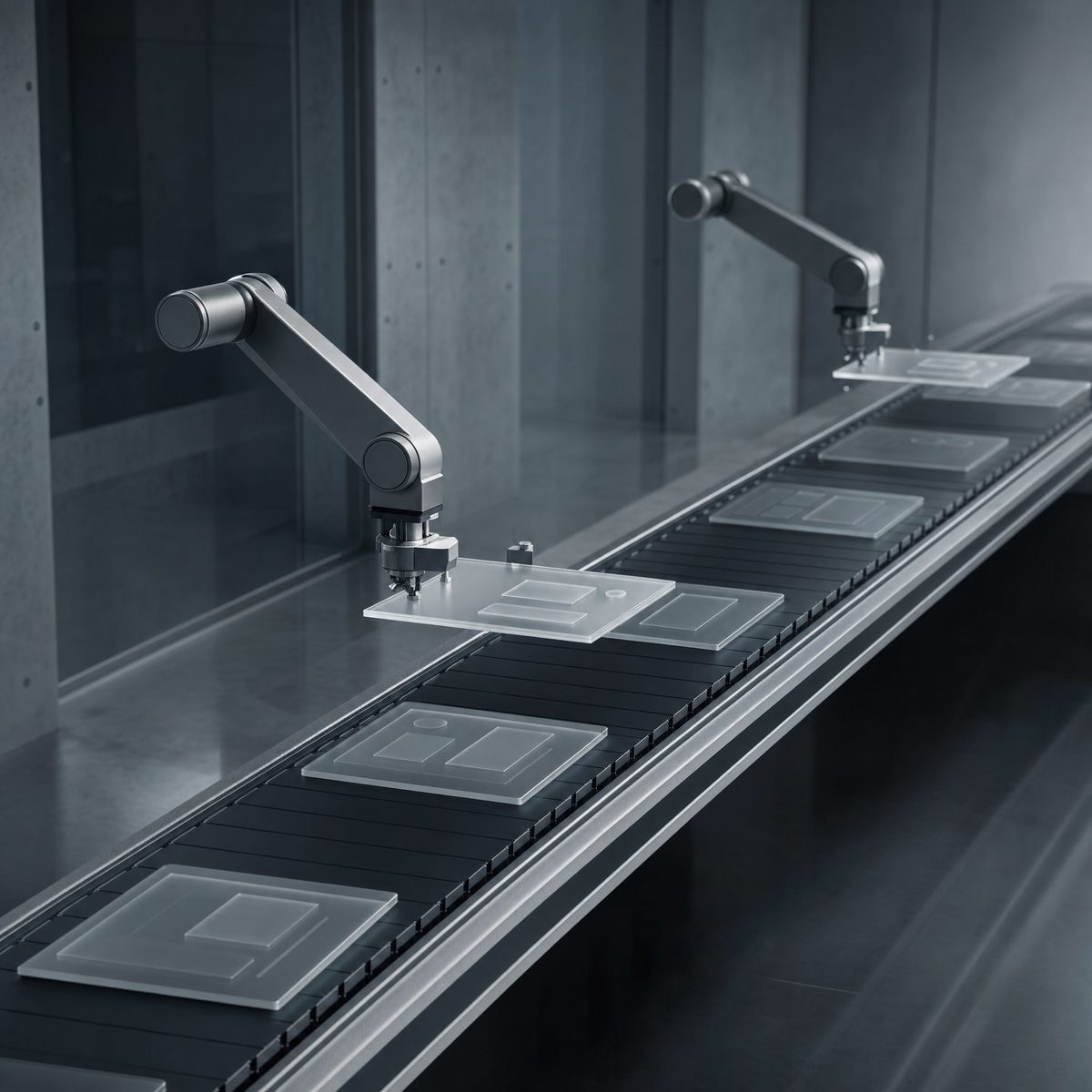 Robotic arms placing glass interface tiles on a conveyor