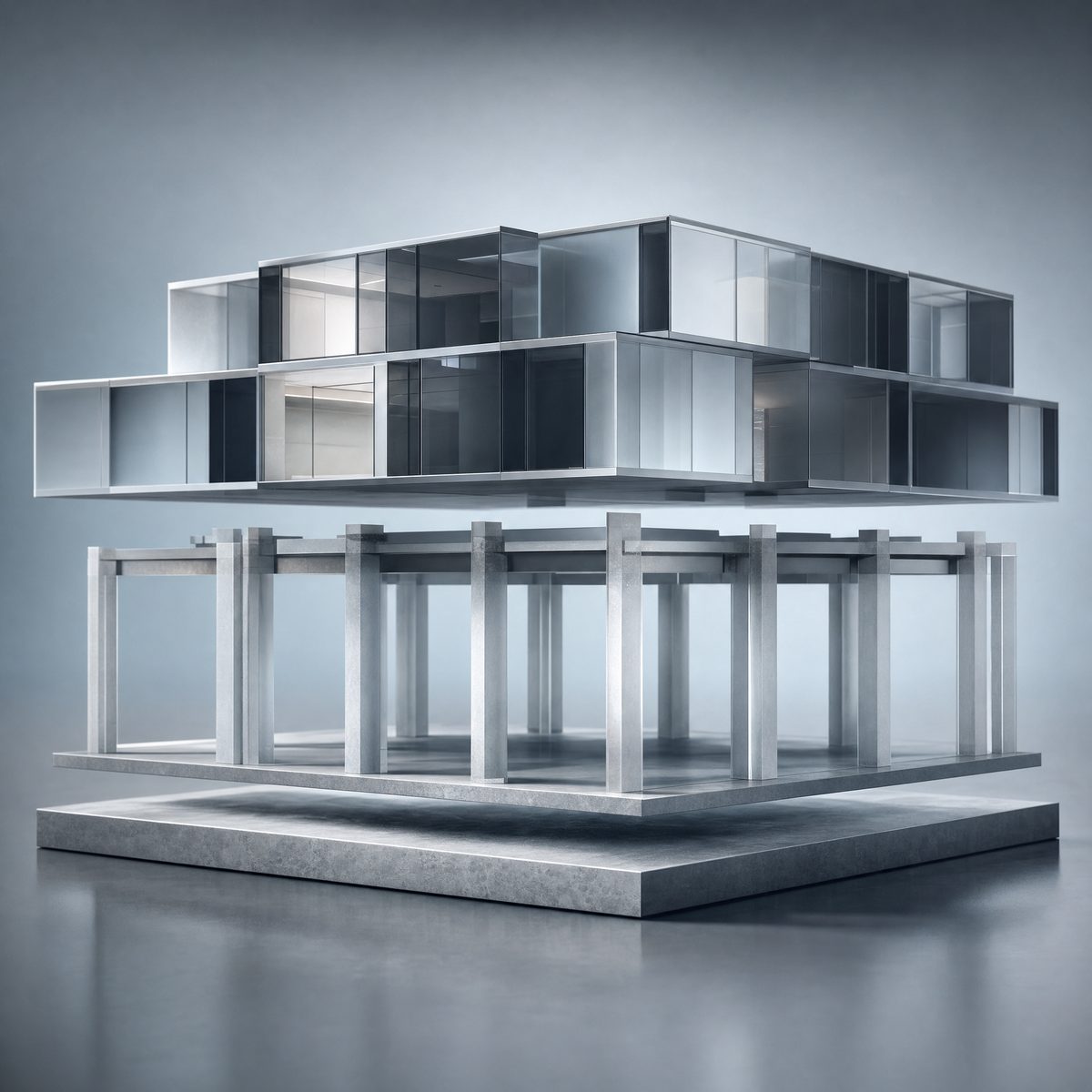 A cutaway model of glass blocks from foundation to finished rooms