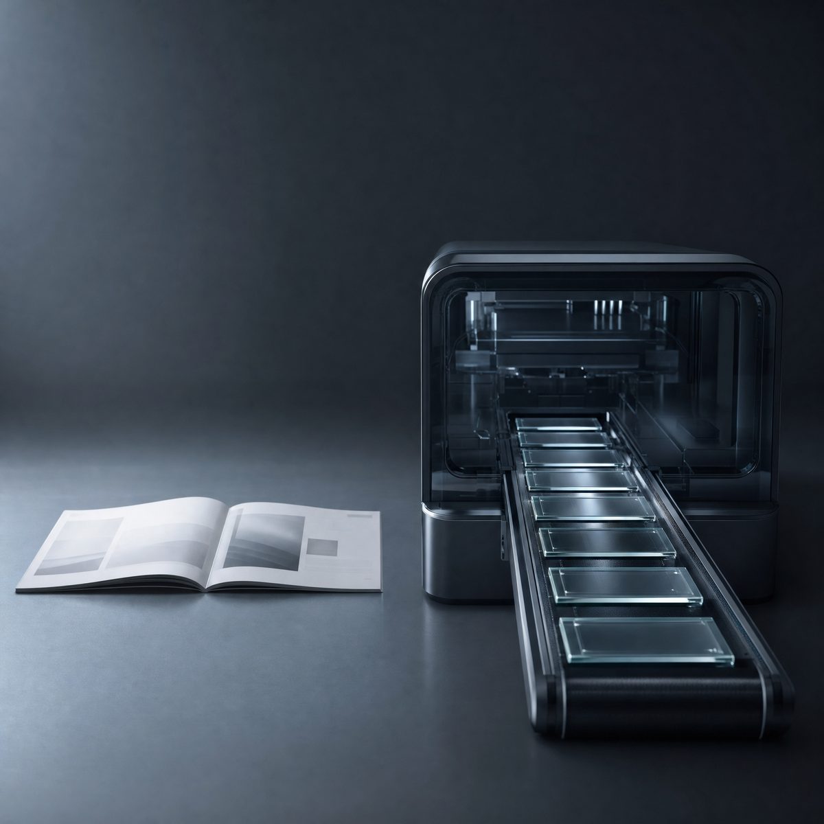 A printed booklet next to a glass machine producing interface tiles