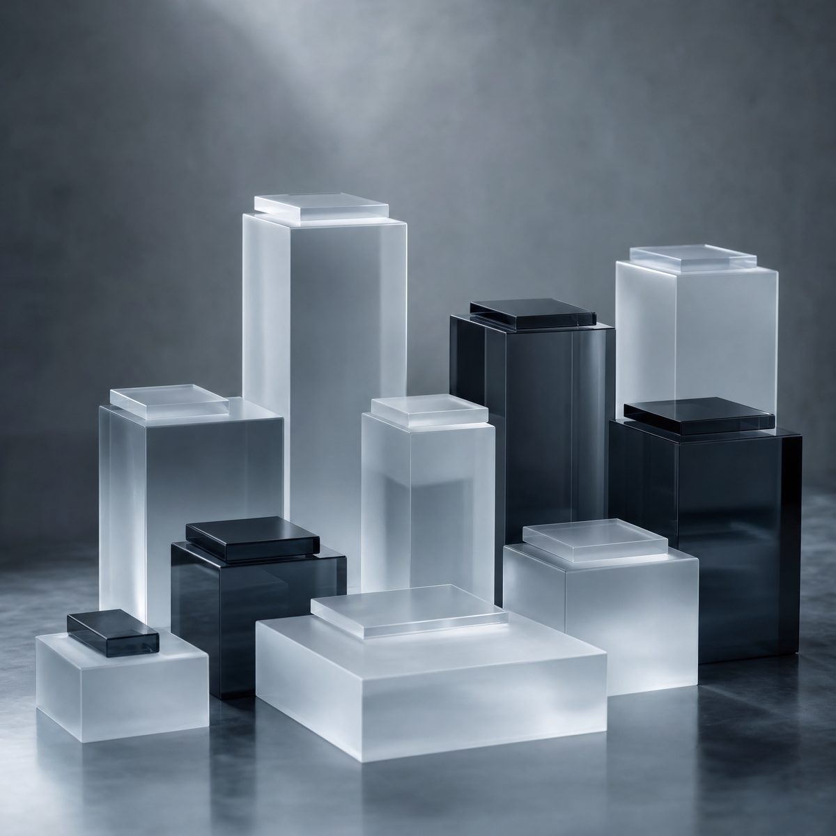 A skyline of glass platforms at different heights