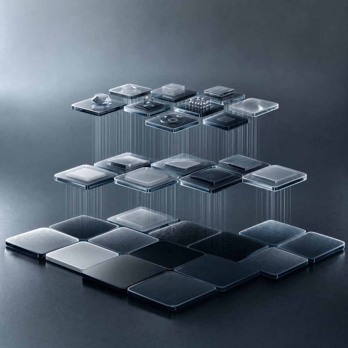 Three tiers of glass tiles with light flowing between them
