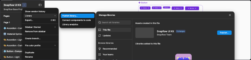 Figma with the Library menu open and the Manage libraries panel