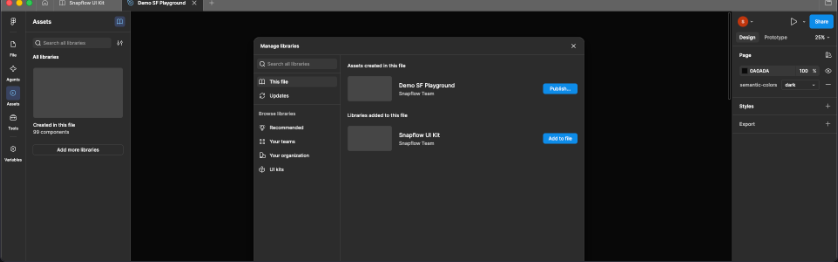 Figma with the Manage libraries panel open and the kit's Publish button