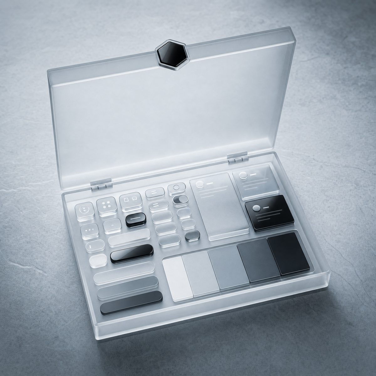 A frosted glass case holding a ready-made design system: component chips, color swatches and the black-glass hexagon
